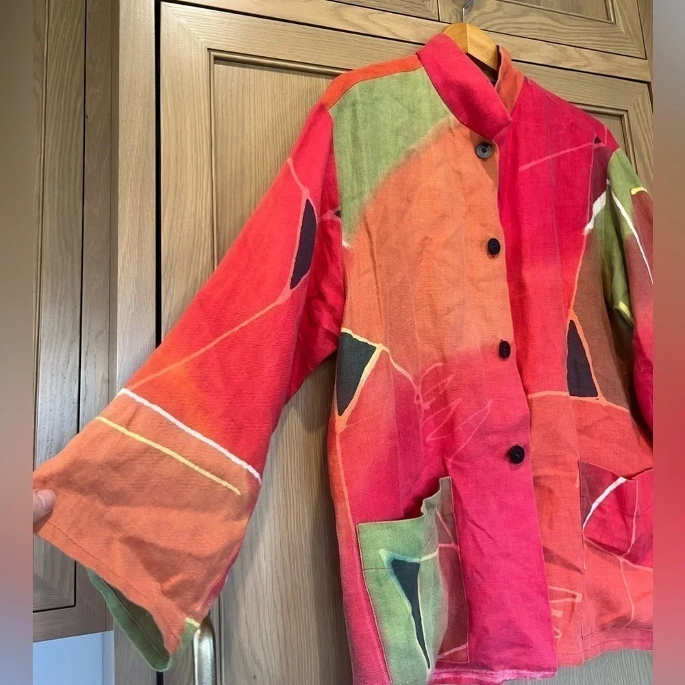 Farley Farley 100% Linen Abstract Art to Wear Relaxed Blazer Jacket